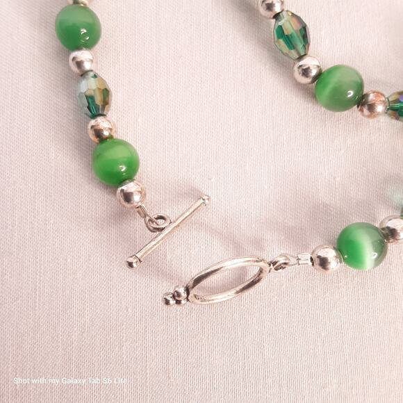 Sparkly Beaded Choker Necklace Green Tigers Eye Silver Tone Spacers With Toggle - Picture 5 of 7